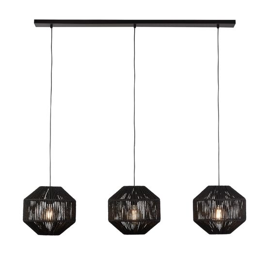 Wicker 3Lt Bar Pendant - Matt Black Metal &amp; Black Rope Shade