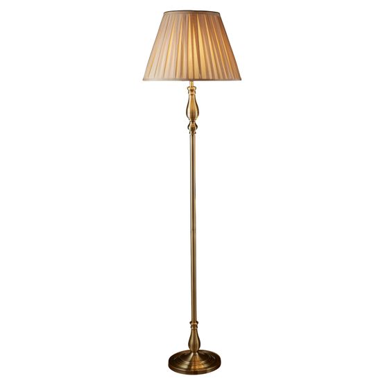 Flemish Floor Lamp- Antique Brass Metal &amp; Grey Pleated Shade