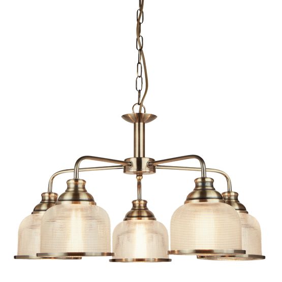 Bistro II 5Lt Pendant -Antique Brass &amp; Holophane Style Glass
