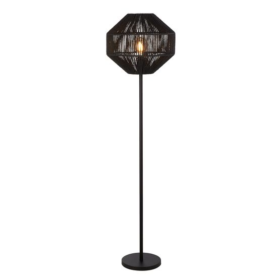 Wicker Floor Lamp - Matt Black Metal &amp; Black Rope Shade