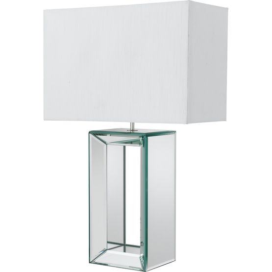 Mirror Table Lamp - Mirrored Base &amp; White Faux Silk Shade