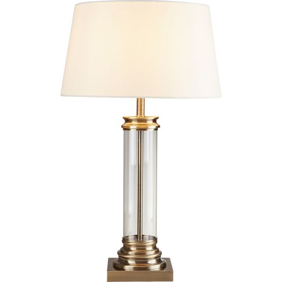 Pedestal Table Lamp - Antique Brass, Glass &amp; Cream Fabric