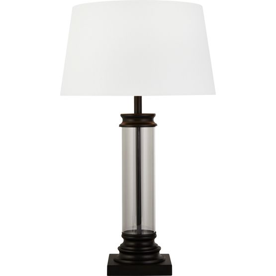 Pedestal Table Lamp- Black Metal, Glass &amp; White Fabric Shade
