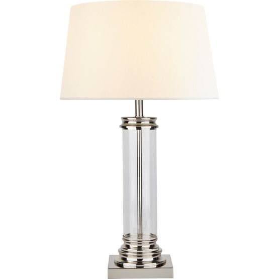 Pedestal Table Lamp - Satin Silver, Glass &amp; Cream Fabric