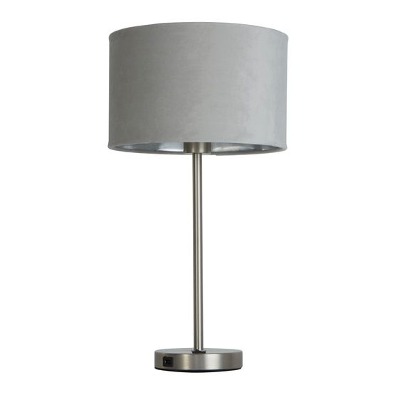 Finn USB Table Lamp - Satin Nickel Metal &amp; Grey Velvet Shade