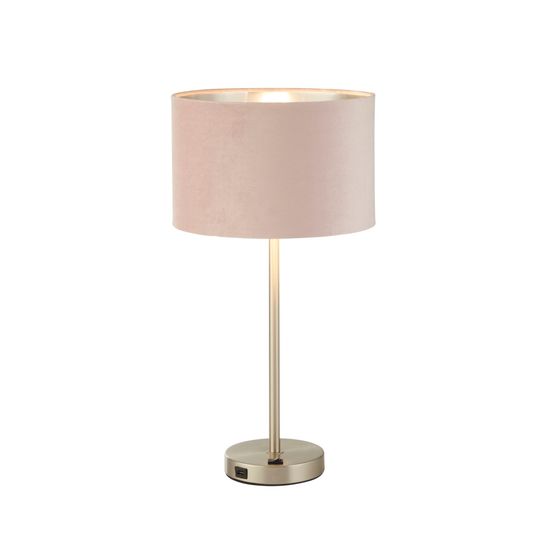 Finn USB Table Lamp - Satin Nickel Metal &amp; Pink Velvet Shade