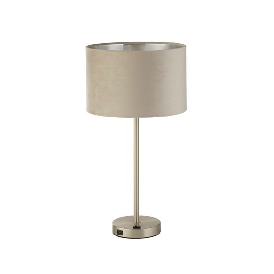 Finn USB Table Lamp -Satin Nickel Metal &amp; Taupe Velvet Shade