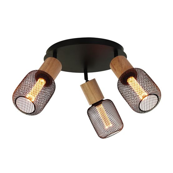 Spinny 3Lt Round Spotlight - Wood &amp; Matt Black Metal