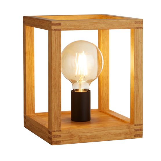 Square Table Lamp - Natural Wood &amp; Black Metal