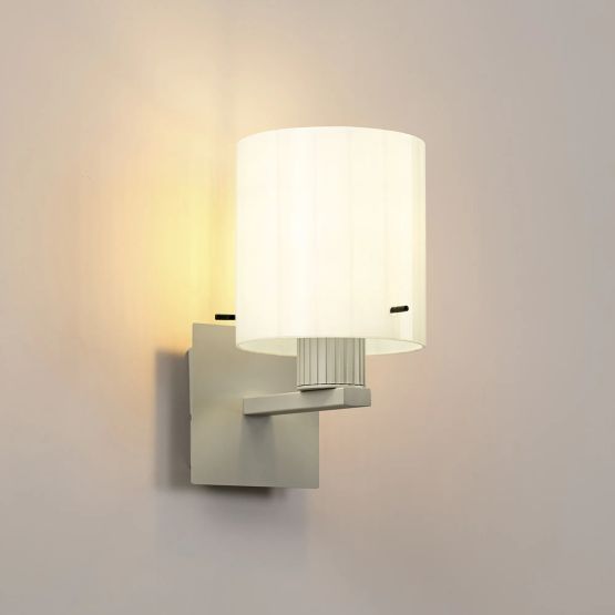Brita Ribbed Single Switched Wall Lamp, 1 Light, E27, Beige Stone/Gloss White Wide Line Glass