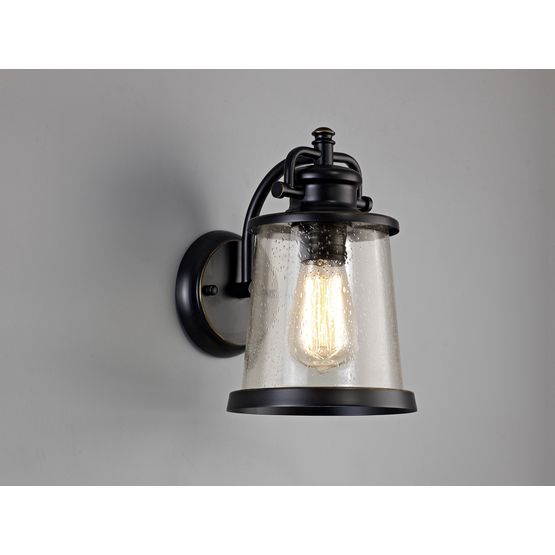 Bethan Wall Lamp, 1 x E27, Black/Gold With Seeded Clear Glass, IP54, 2yrs Warranty