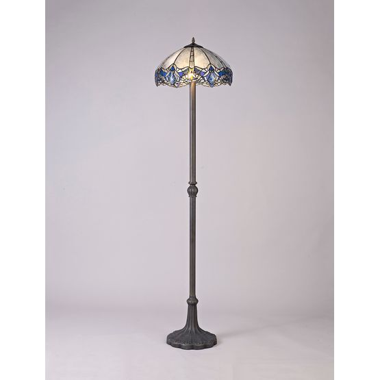 Orella 2 Light Leaf Design Floor Lamp E27 With 40cm Tiffany Shade, Blue/Clear Crystal/Aged Antique Brass