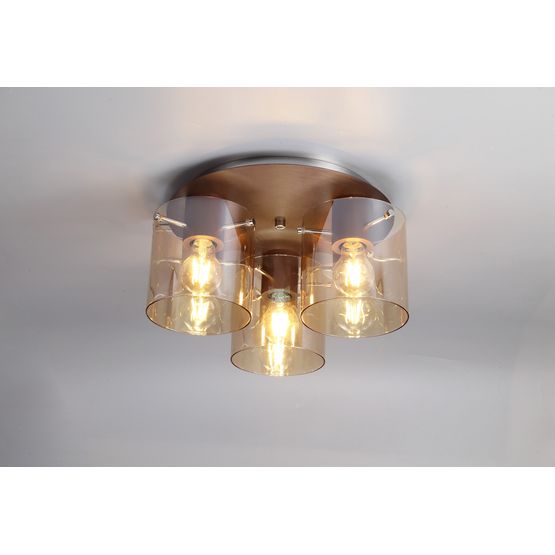 Brita Round Ceiling Flush, 3 Light Flush Fitting, Mocha/Amber Glass