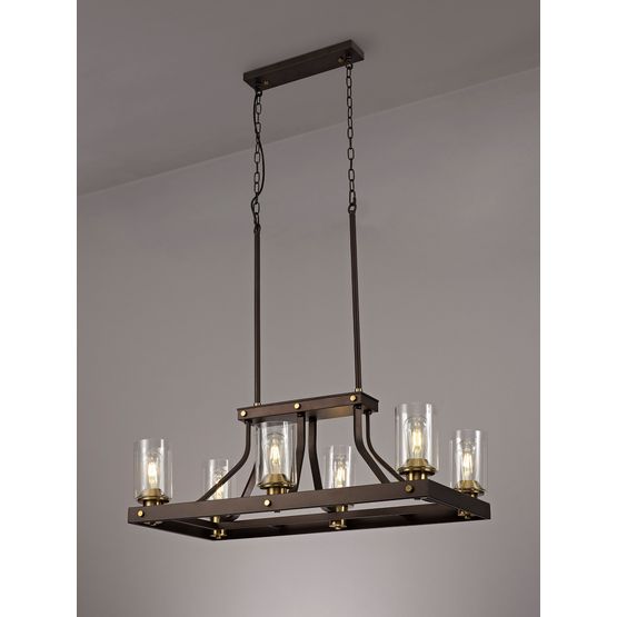 Mira Linear Pendant 6 Light E27, Brown Oxide/Bronze With Clear Glass Shades