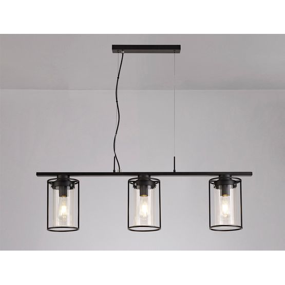 Reneta Linear Pendant, 3 Light E27, Black/Clear Glass