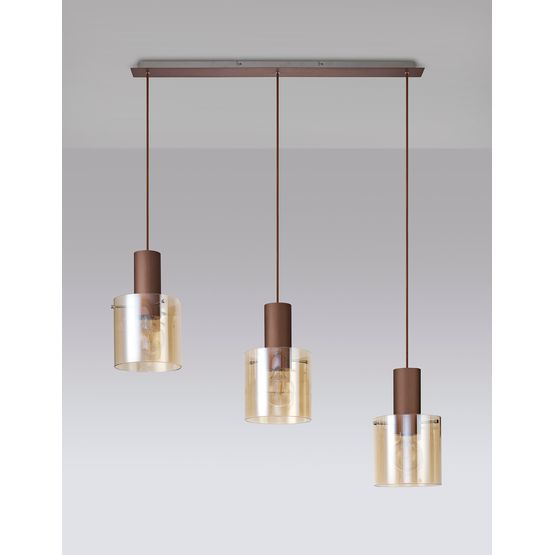 Brita Linear Pendant, 3 Light Adjustable E27, Mocha/Amber Glass