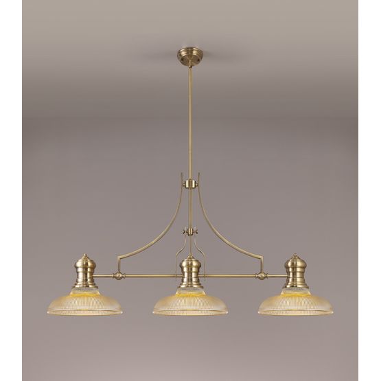 Lucinda 3 Light Linear Pendant E27 With 30cm Round Glass Shade, Antique Brass, Amber