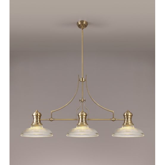 Lucinda 3 Light Linear Pendant E27 With 30cm Round Glass Shade, Antique Brass, Clear