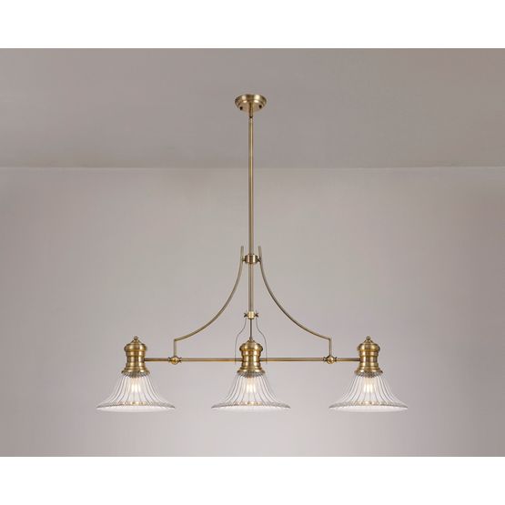Lucinda 3 Light Linear Pendant E27 With 30cm Bell Glass Shade, Antique Brass, Clear