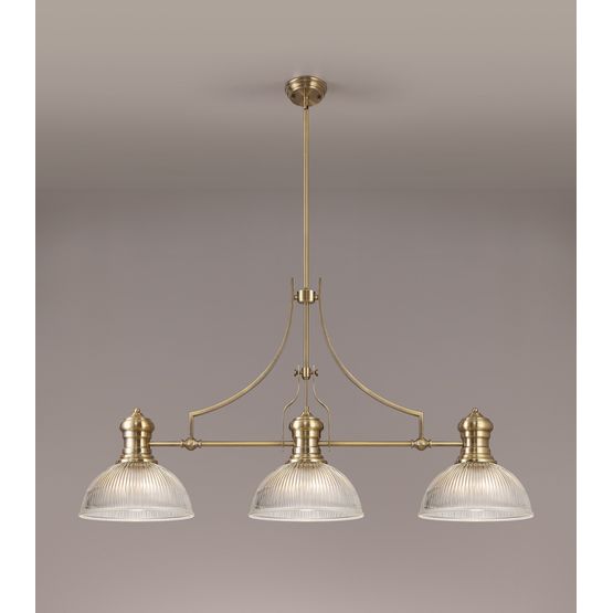 Lucinda 3 Light Linear Pendant E27 With 30cm Dome Glass Shade, Antique Brass, Clear