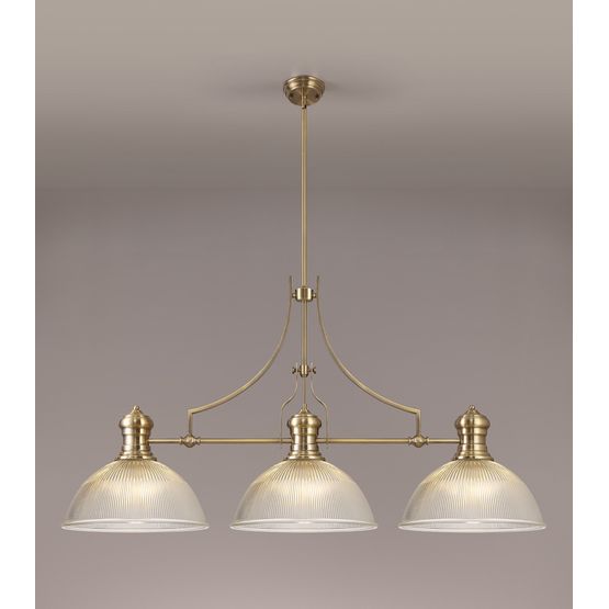Lucinda, Antique Brass, 3 Light Clear Linear Pendant E27 With 38cm Dome Glass Shade
