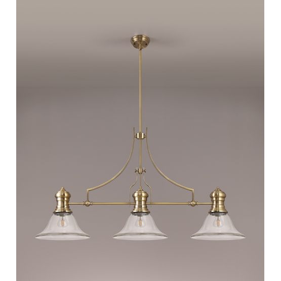 Lucinda 3 Light Linear Pendant E27 With 30cm Smooth Bell Glass Shade, Antique Brass, Clear