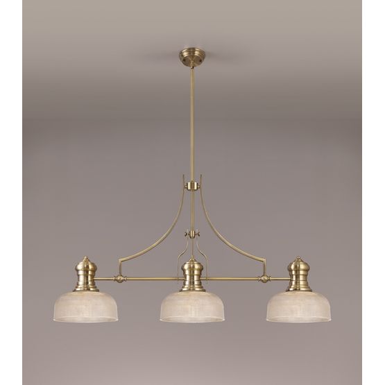 Lucinda Linear 3 Light Pendant Ceiling Light With Clear Prismatic Glass Shade &amp; Antique Brass 26.5cm