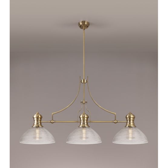 Lucinda 3 Light Linear Pendant E27 With 33.5cm Prismatic Glass Shade, Antique Brass, Clear