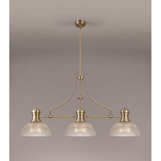 Lucinda 3 Light Antique Brass Linear Pendant With 30cm Prismatic Dome Glass Shade