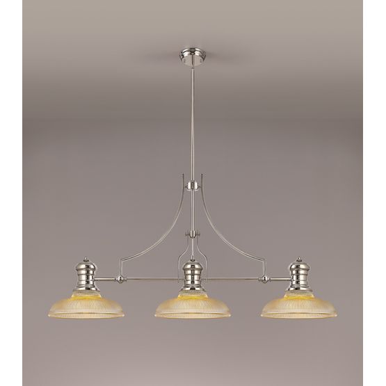 Lucinda 3 Light Linear Pendant E27 With 30cm Round Glass Shade, Polished Nickel, Amber