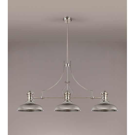 Lucinda 3 Light Linear Pendant E27 With 30cm Round Glass Shade, Polished Nickel, Smoked