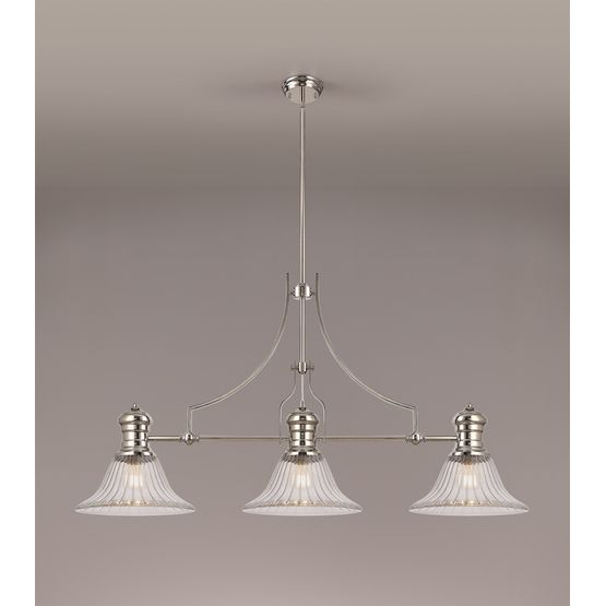 Lucinda 3 Light Linear Pendant E27 With 30cm Bell Glass Shade, Polished Nickel, Clear