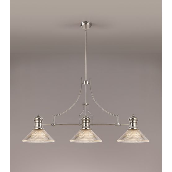Lucinda 3 Light Linear Pendant E27 With 30cm Cone Glass Shade, Polished Nickel, Clear