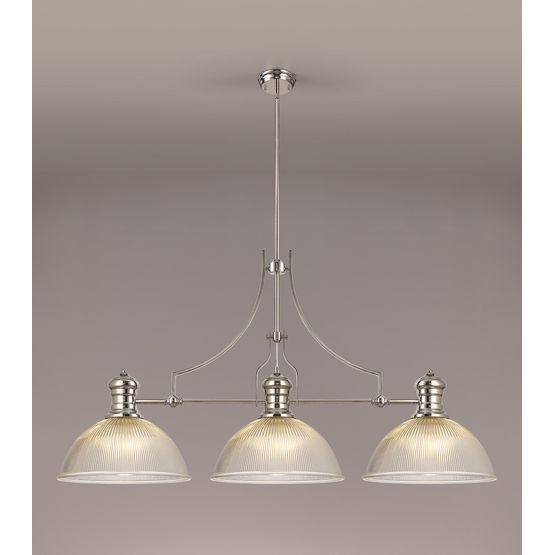 Lucinda 3 Light Linear Pendant E27 With 38cm Dome Glass Shade, Polished Nickel, Clear