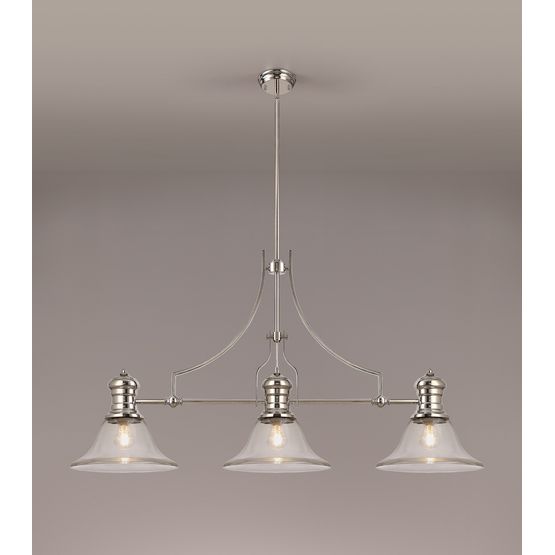 Lucinda 3 Light Linear Pendant E27 With 30cm Smooth Bell Glass Shade, Polished Nickel, Clear