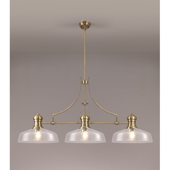 Lucinda Linear Antique Brass/Clear Glass Pendant Light, With 38cm Flat Round Shade (3 x E27)