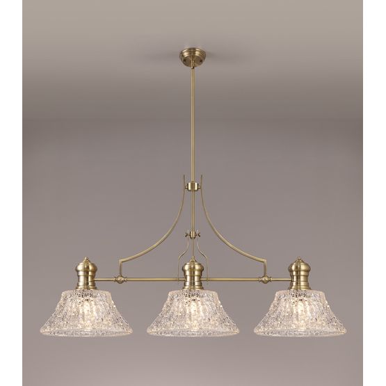 Lucinda Linear Pendant With 38cm Patterned Round Shade, 3 x E27, Antique Brass/Clear Glass Item Weight: 19.1kg