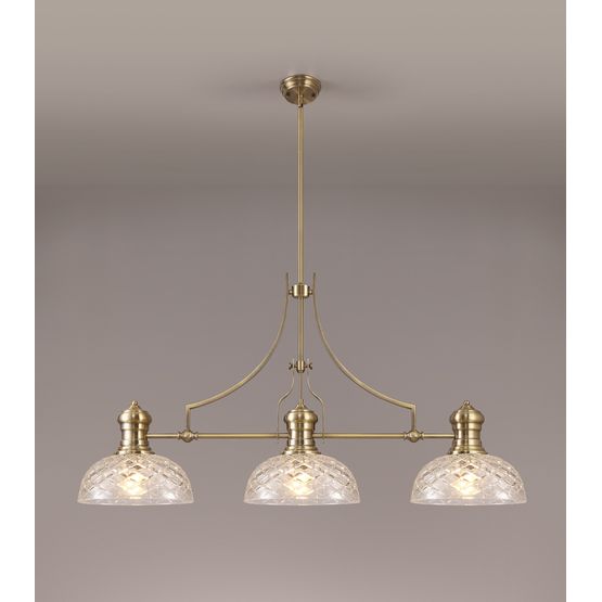 Lucinda Linear Pendant With 30cm Flat Round Patterned Shade, 3 x E27, Antique Brass/Clear Glass