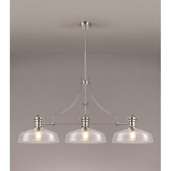 Lucinda Linear Pendant With 38cm Flat Round Shade, 3 x E27, Polished Nickel/Clear Glass