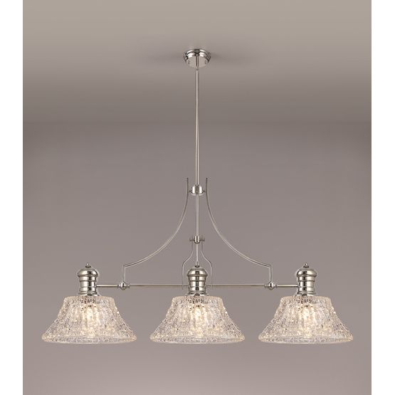 Lucinda Linear Pendant With 38cm Patterned Round Shade, 3 x E27, Polished Nickel/Clear Glass Item Weight: 19.1kg