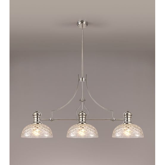 Lucinda Linear Pendant With 30cm Flat Round Patterned Shade, 3 x E27, Polished Nickel/Clear Glass