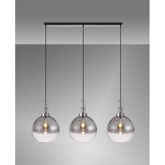 Angela Linear 3 Light Pendant E27 With 30cm Globe Glass, Smoked/Clear Polished Nickel/Matt Black