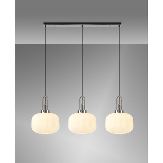 Angela Linear 3 Light Pendant E27, Polished Nickel/Matt Black With 30cm Pumpkin Shaped Ribbed Opal Glass