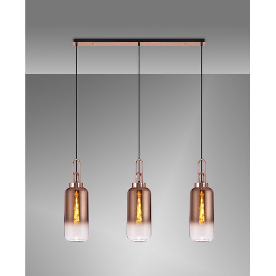 Angela Linear 3 Light Pendant E27 With 16cm Cylinder Glass, Copper/Clear Copper/Matt Black