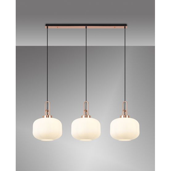 Angela Linear 3 Light Pendant E27, Copper/Matt Black With 30cm Pumpkin Shaped Ribbed Opal Glass