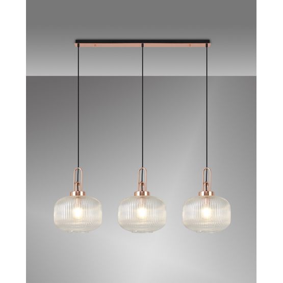Angela Linear 3 Light Pendant E27, Copper/Matt Black With 30cm Pumpkin Shaped Ribbed Clear Glass