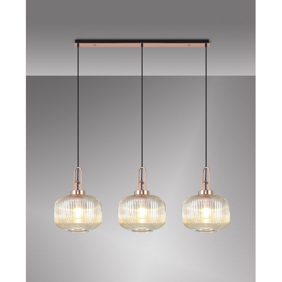 Angela Linear 3 Light Pendant E27, Copper/Matt Black With 30cm Pumpkin Shaped Ribbed Champagne Glass