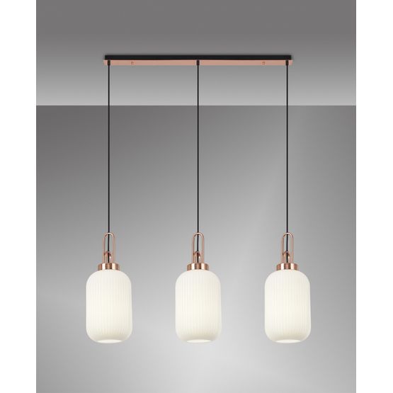Angela Linear 3 Light Pendant E27 With 20cm Tubular Ribbed Glass, Opal Copper/Matt Black