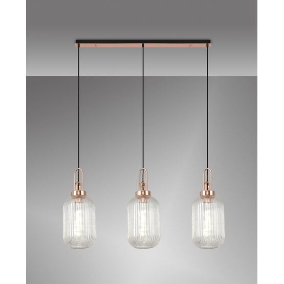 Angela Linear 3 Pendant Light E27 With 20cm Tubular Ribbed Glass, Clear Copper/Matt Black