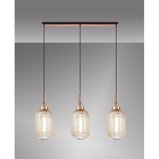 Angela Linear 3 Light Pendant E27 With 20cm Tubular Ribbed Glass, Champagne Copper/Matt Black